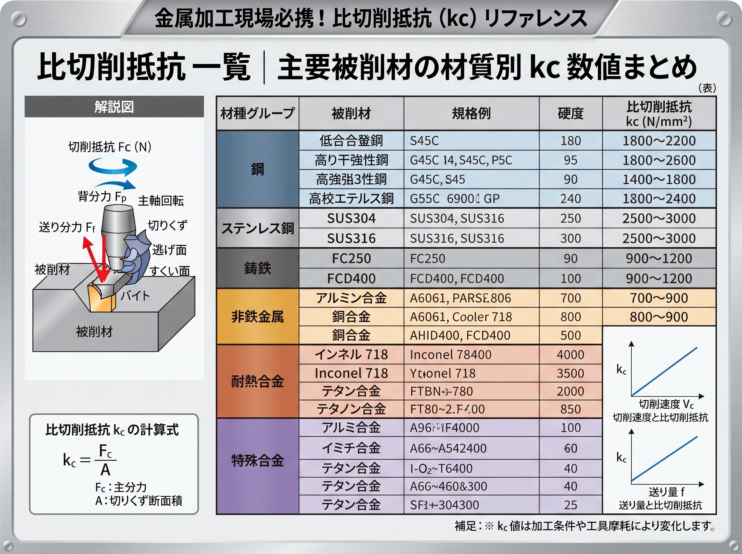 比切削抵抗 一覧|主要被削材の材質別kc数値まとめ