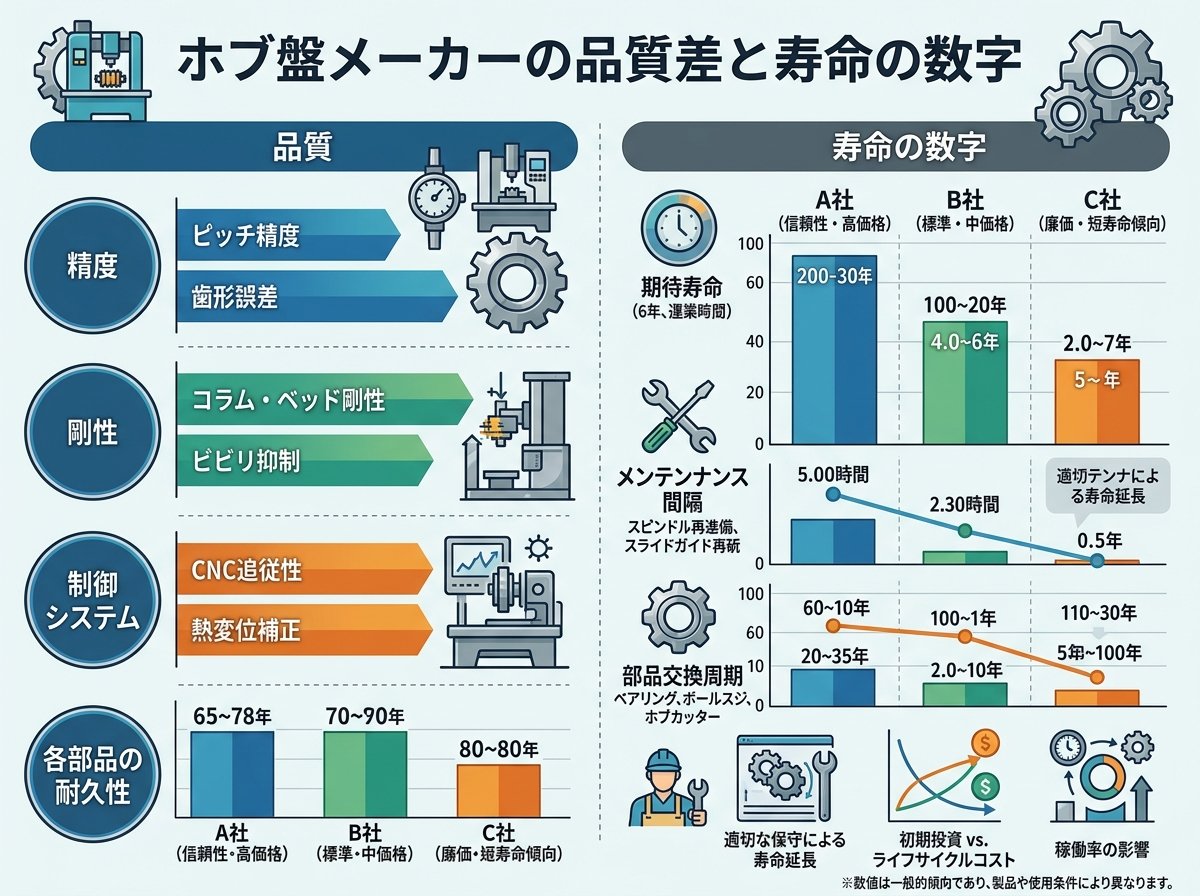 ホブ盤メーカーの品質差と寿命の数字