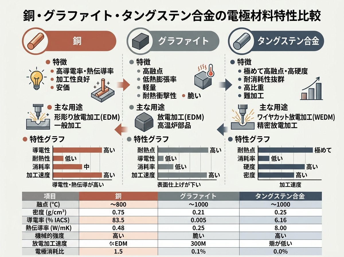 銅・グラファイト・タングステン合金の電極材料特性比較