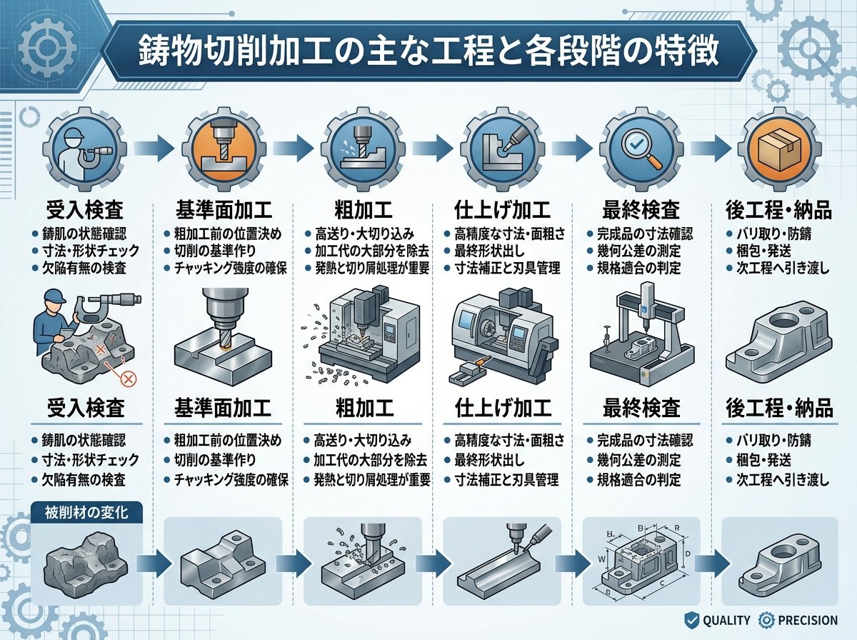 鋳物切削加工の主な工程と各段階の特徴