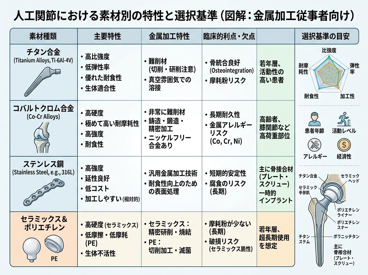 人工関節における素材別の特性と選択基準