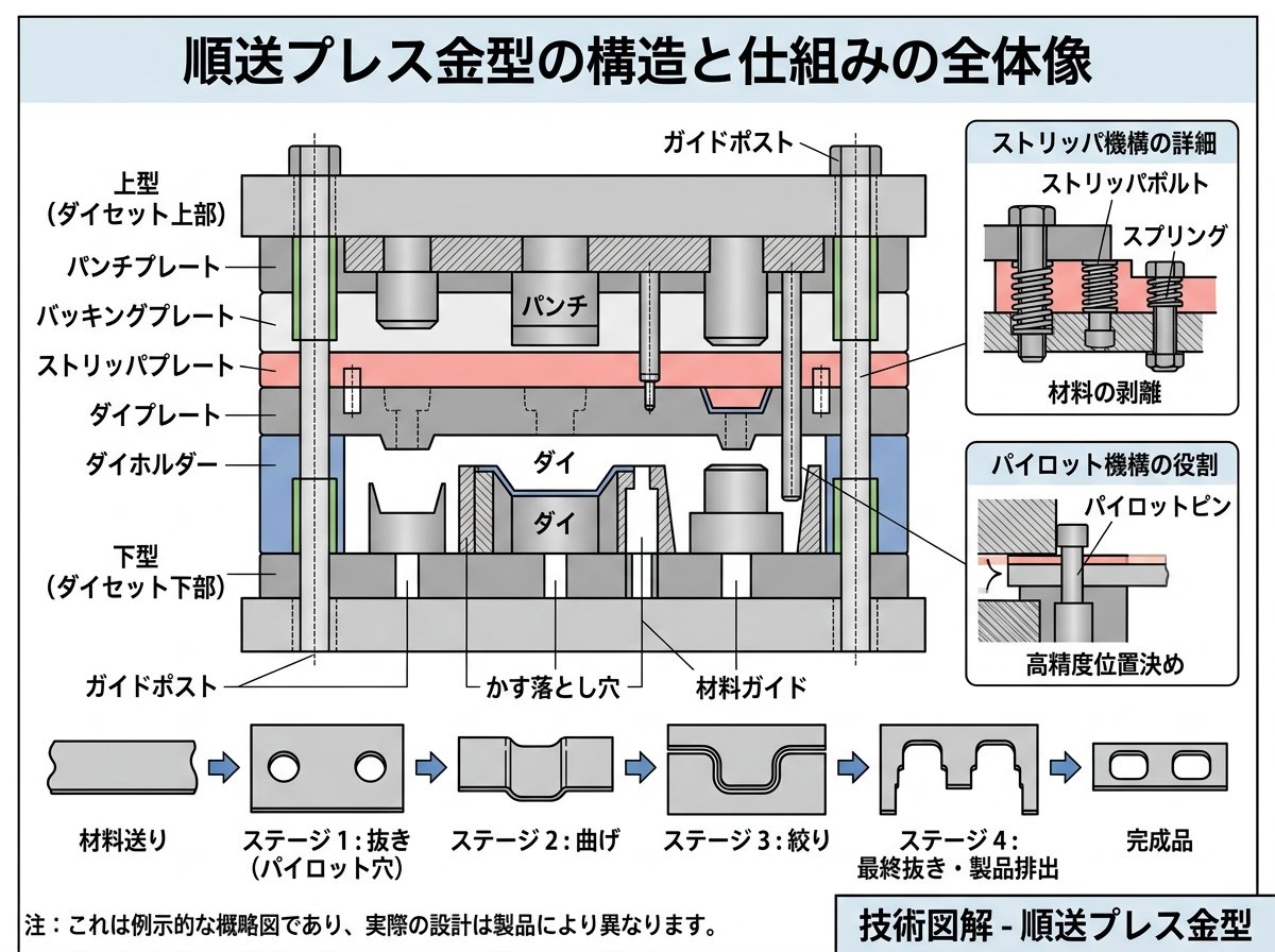 順送プレス金型の構造の全体像と仕組み