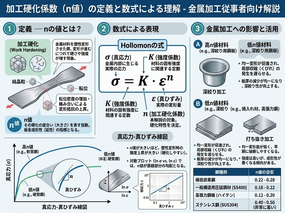 加工硬化係数（n値）の定義と数式による理解