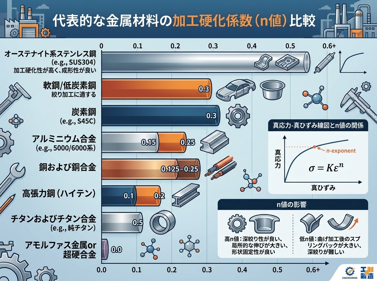 代表的な金属材料の加工硬化係数（n値）比較