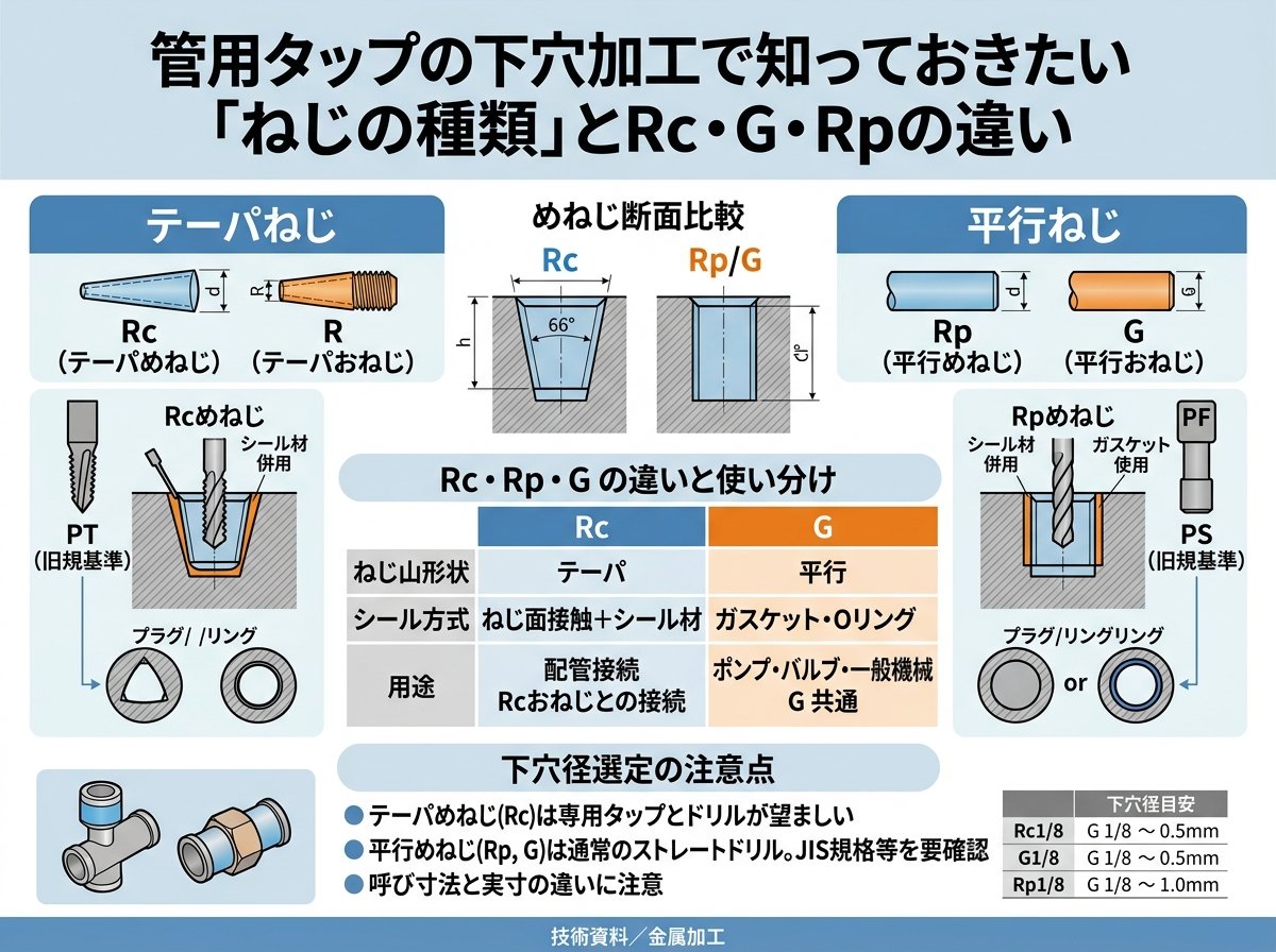 管用タップの下穴加工で知っておきたい「ねじの種類」とRc・G・Rpの違い