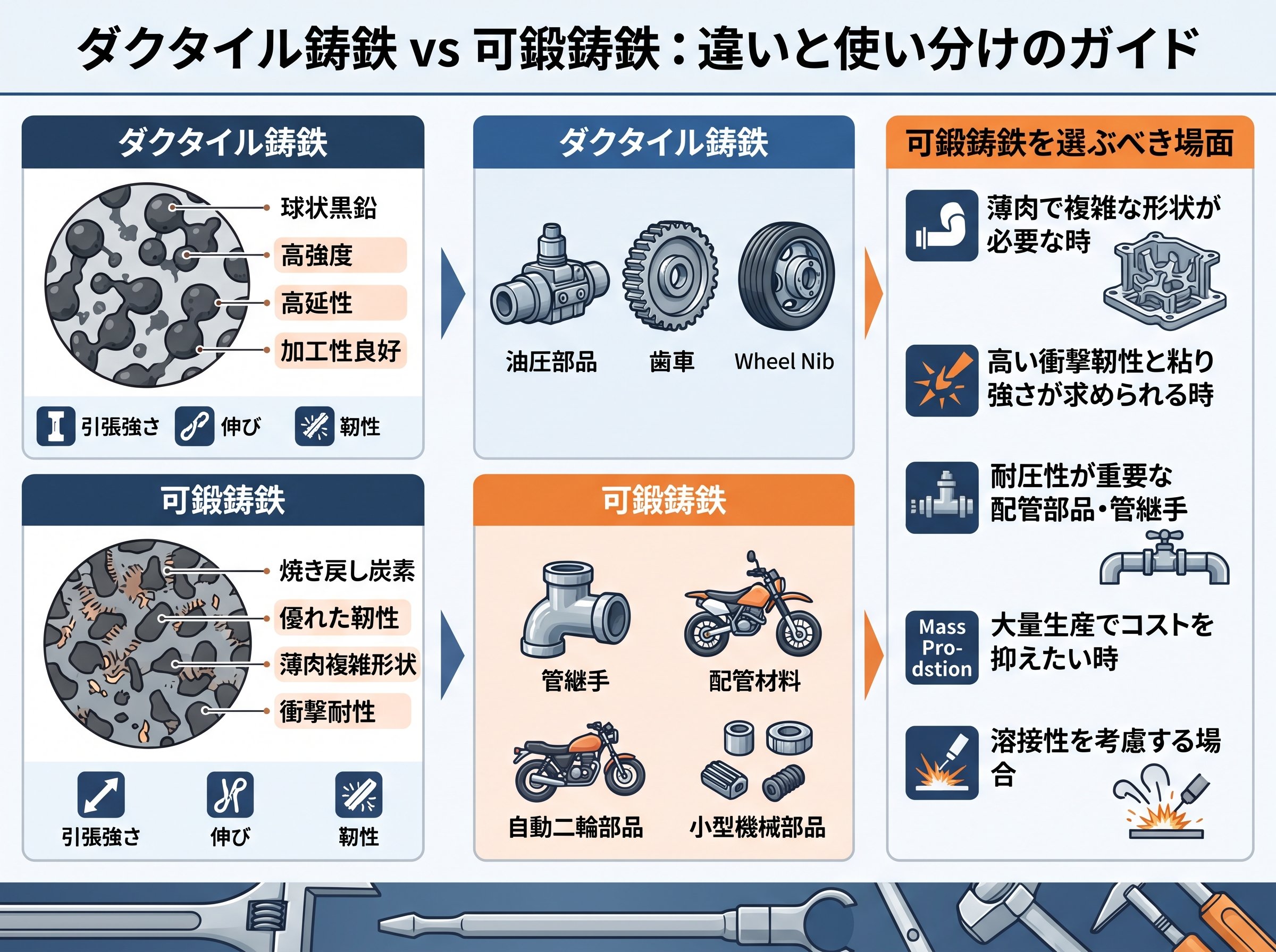 ダクタイル鋳鉄との違いと可鍛鋳鉄を選ぶべき場面