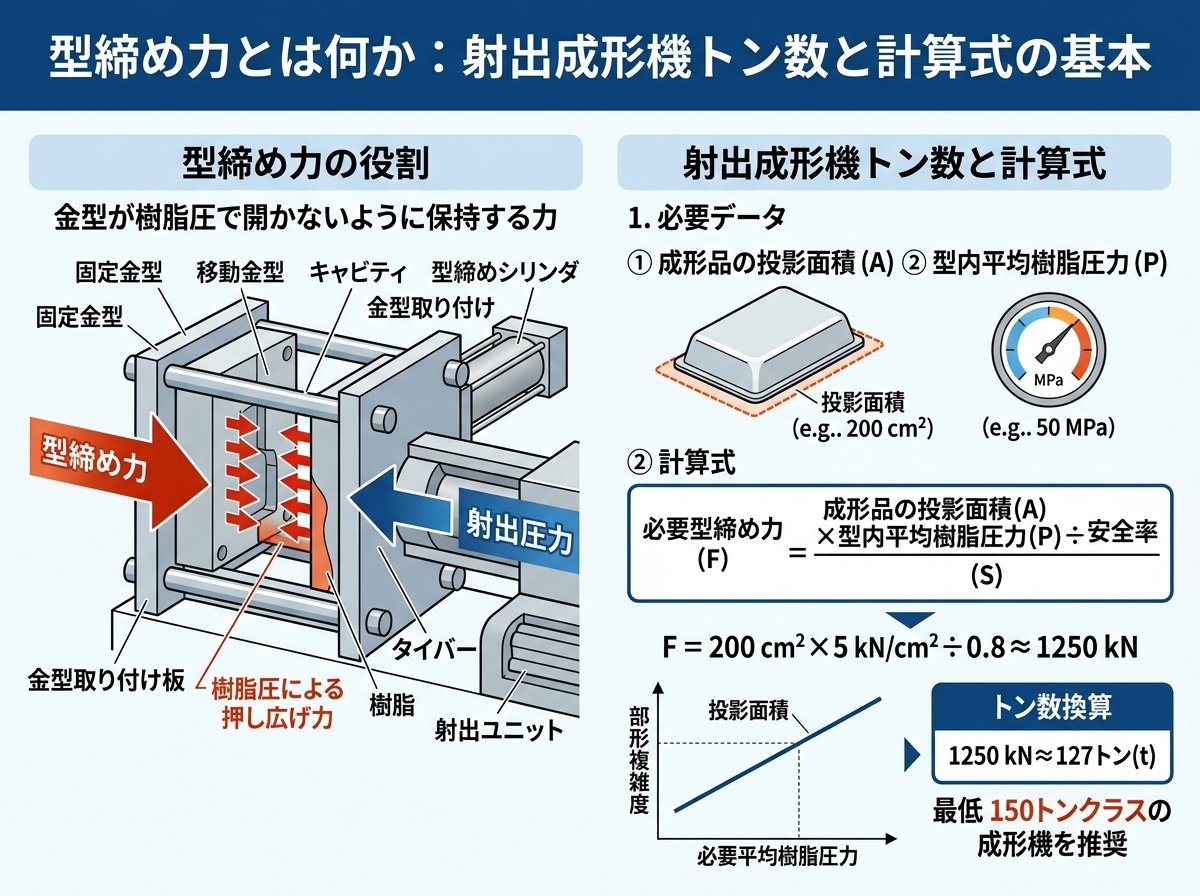 型締め力とは何か:射出成形機トン数と計算式の基本