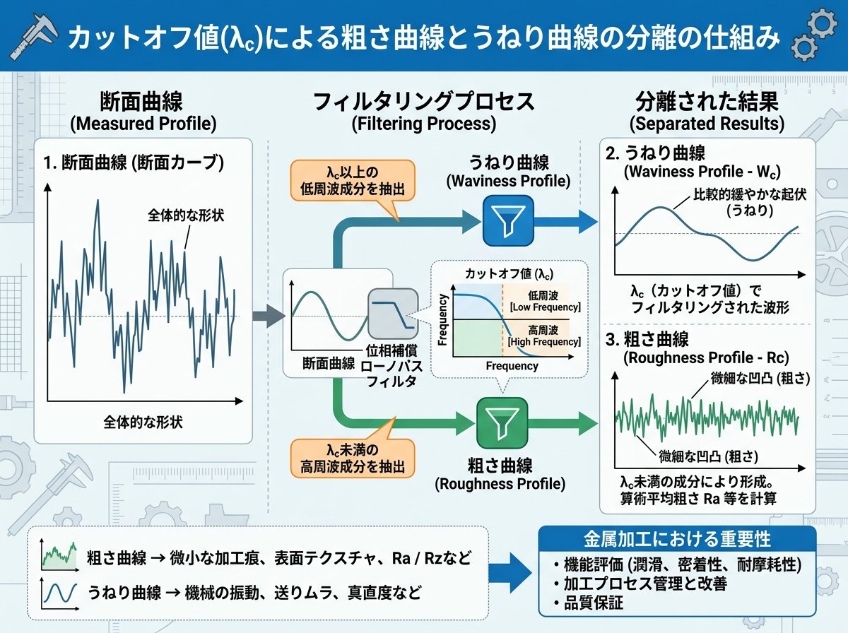 カットオフ値による粗さ曲線とうねり曲線の分離の仕組み