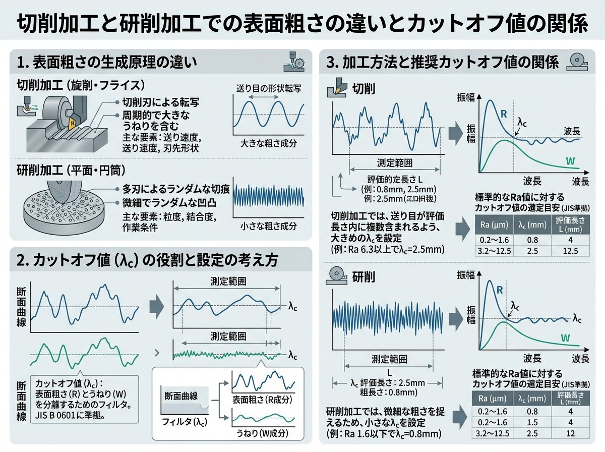 切削加工と研削加工での表面粗さの違いとカットオフ値の関係