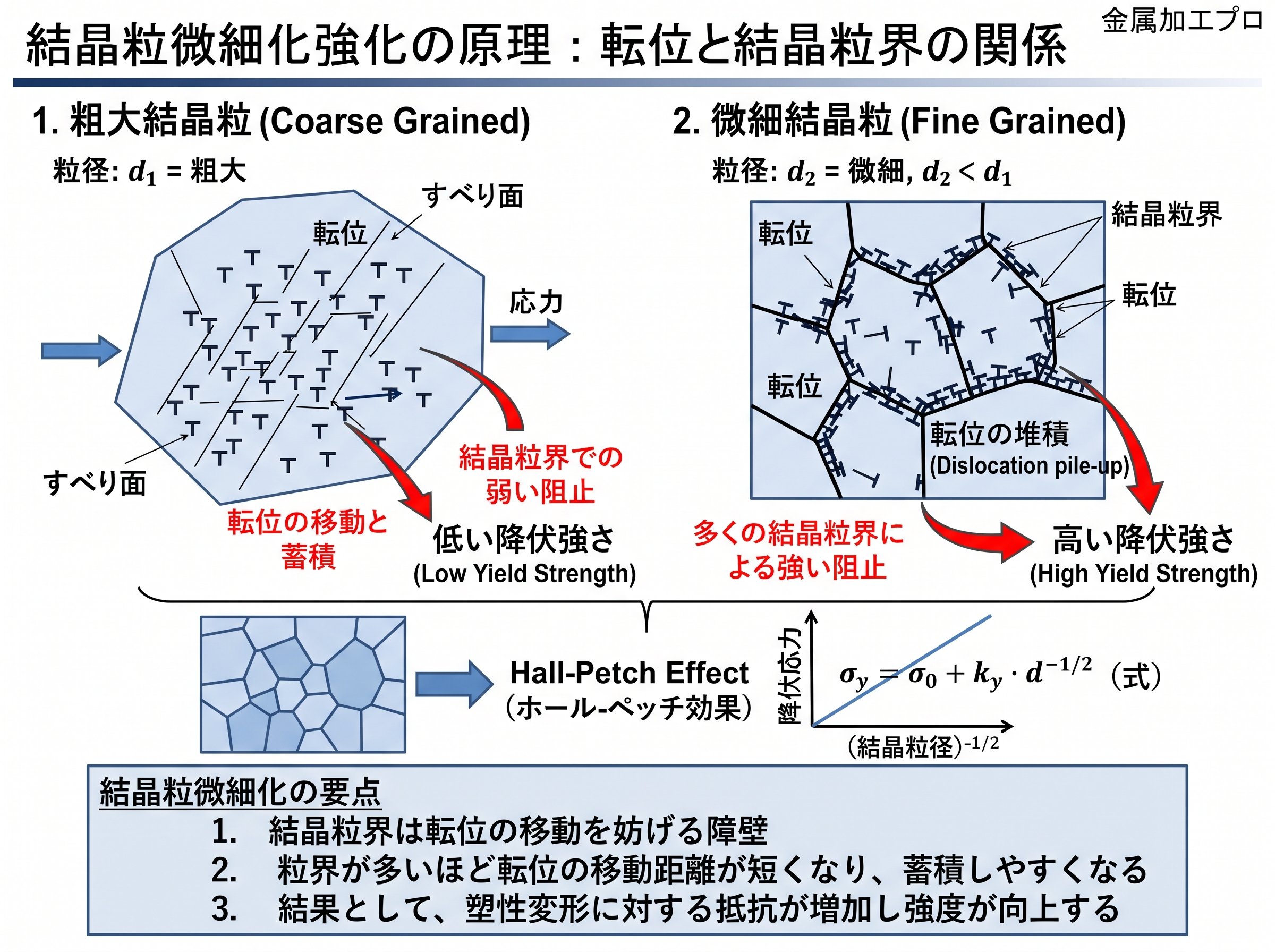結晶粒微細化強化の原理：転位と結晶粒界の関係