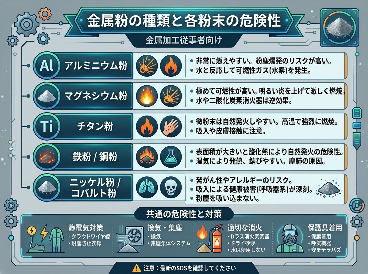 金属粉の種類と各粉末の危険性について