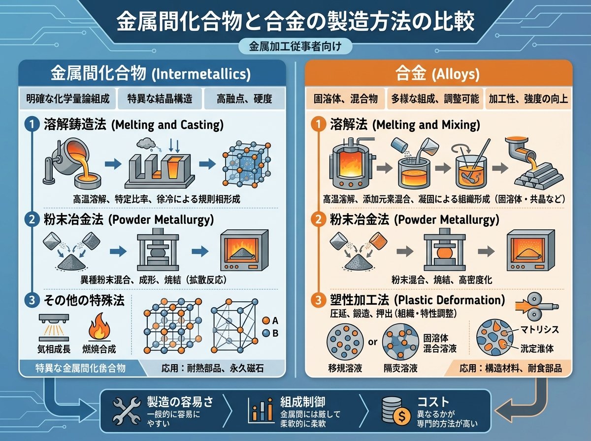 金属間化合物と合金の製造方法の比較