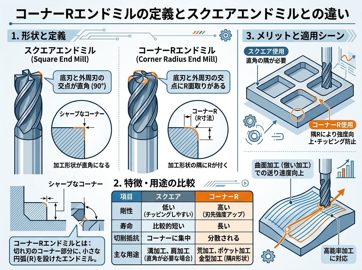 コーナーrエンドミルの定義とスクエアエンドミルとの違い