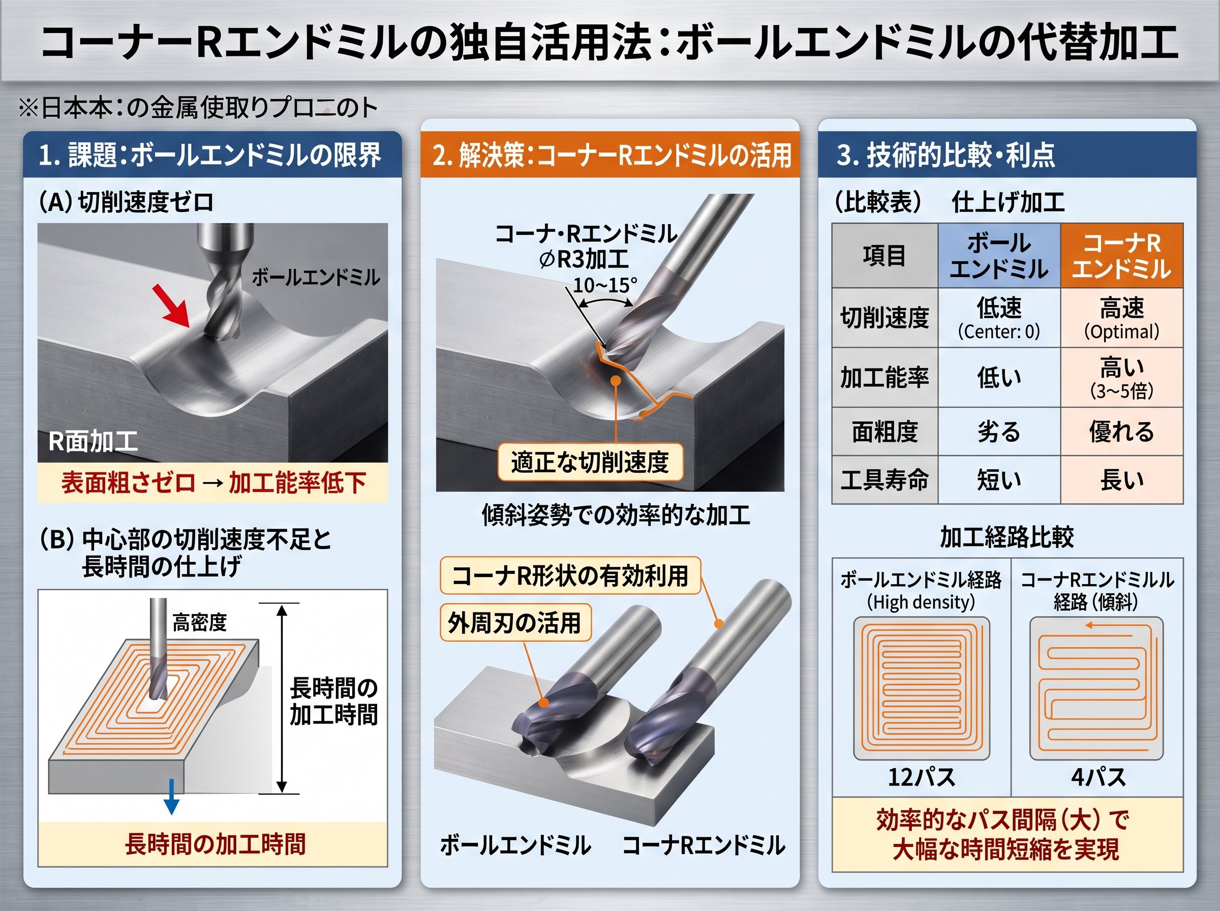 コーナーrエンドミルの独自活用法:ボールエンドミルの代替加工
