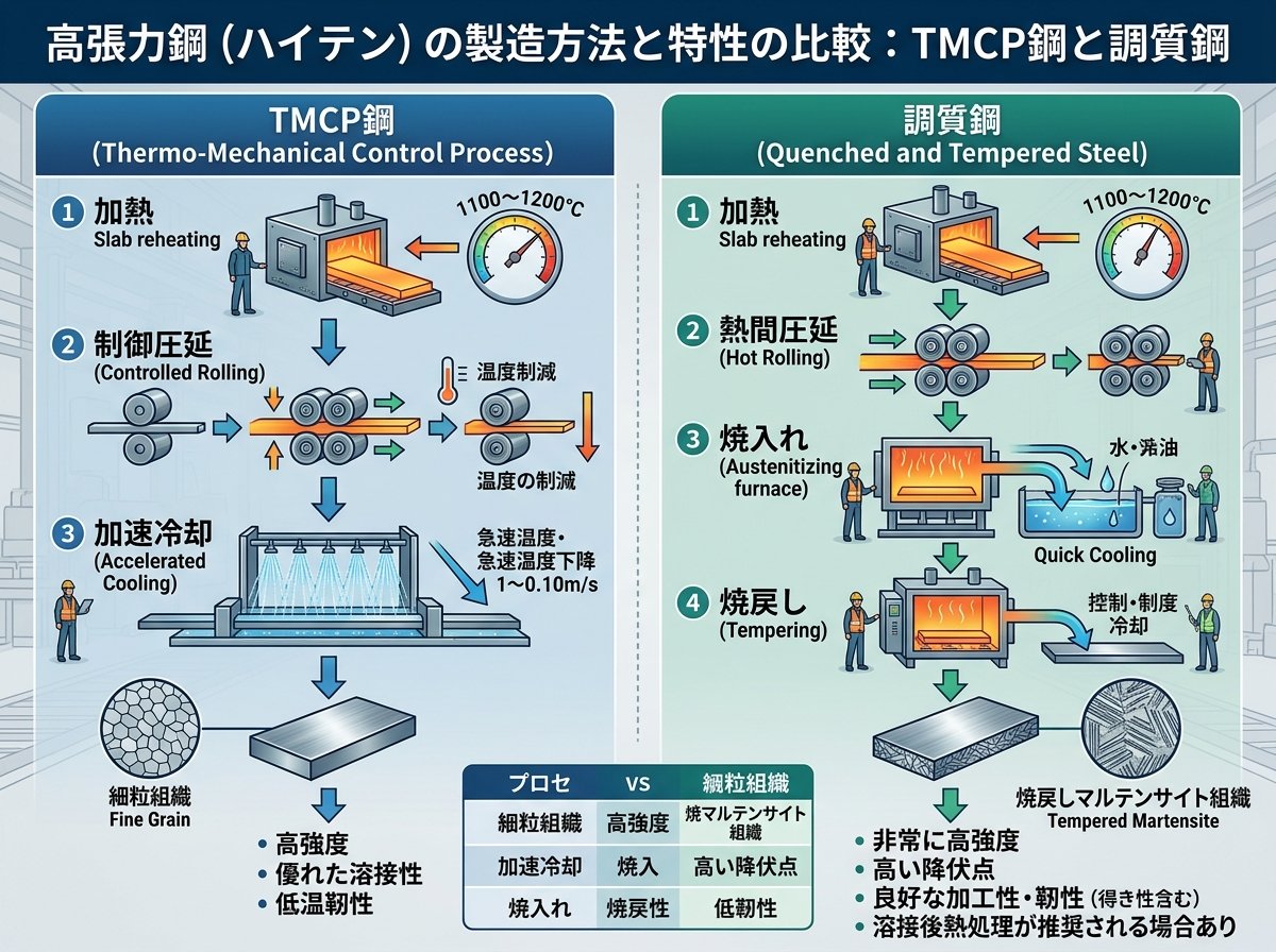 高張力鋼の製造方法とTMCP鋼と調質鋼