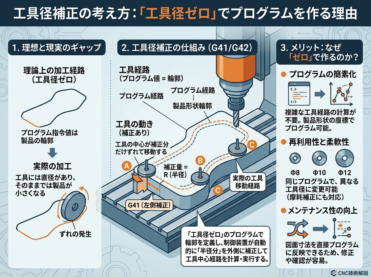 工具径補正の考え方:「工具径ゼロ」でプログラムを作る理由