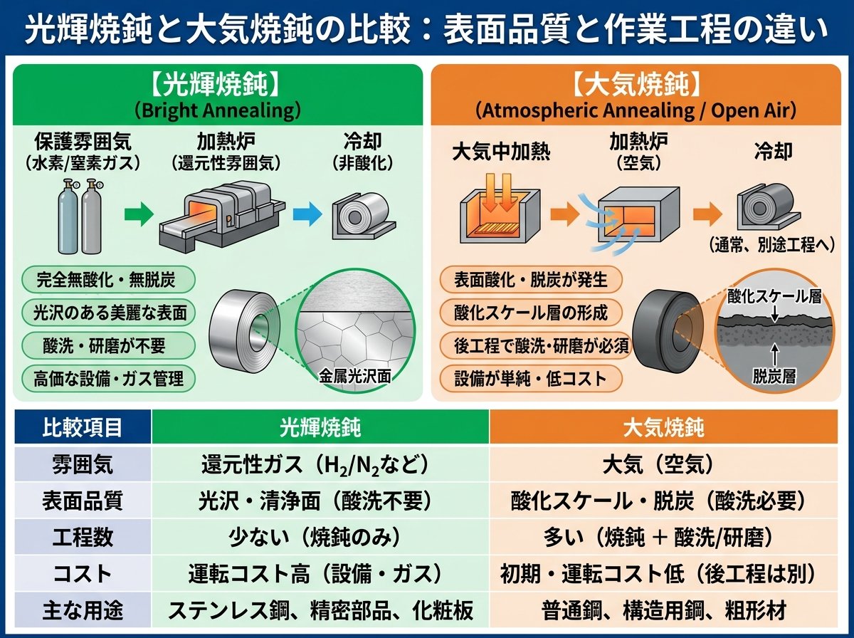 光輝焼鈍と大気焼鈍の比較:表面品質と作業工程の違い