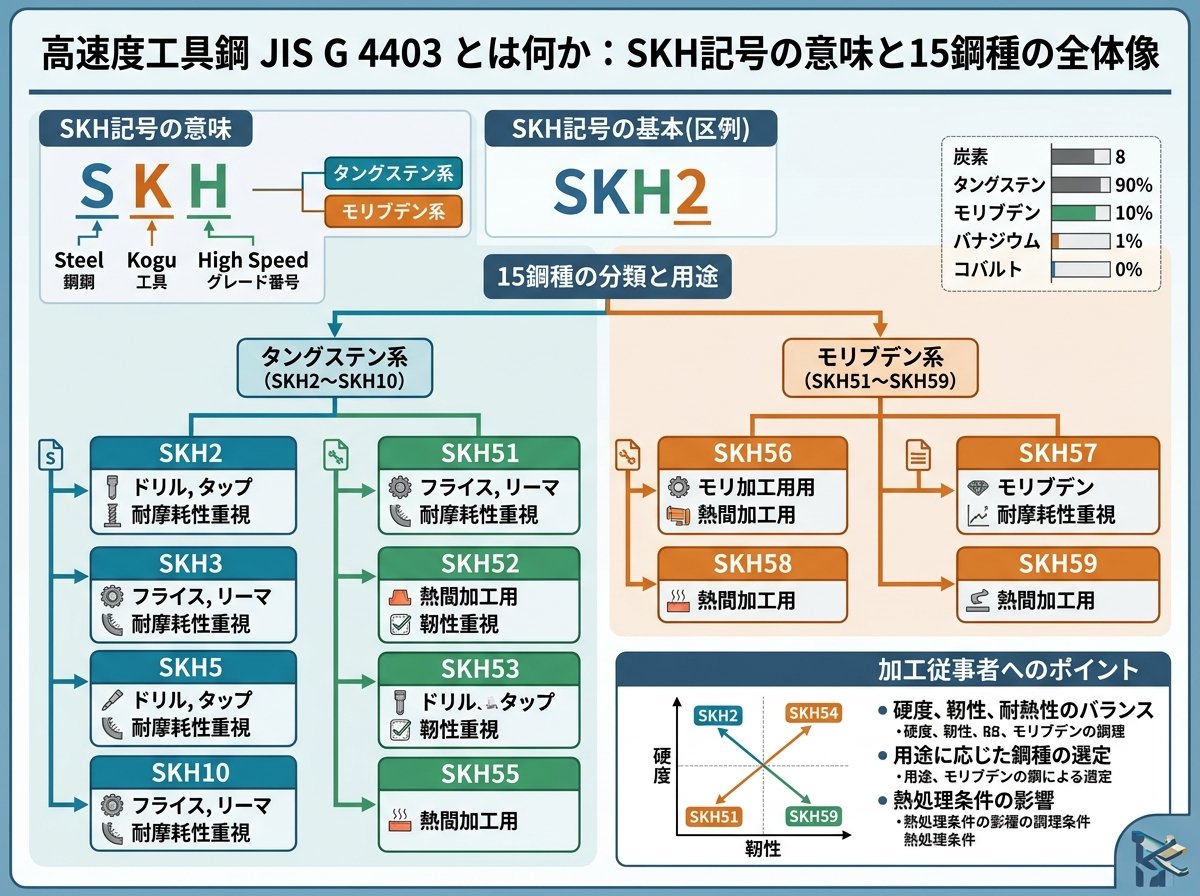 高速度工具鋼JIS G 4403とは何か:SKH記号の意味と15鋼種の全体像