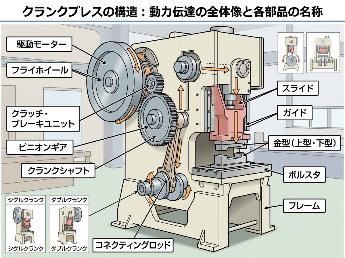 クランクプレスの構造：動力伝達の全体像と各部品の名称