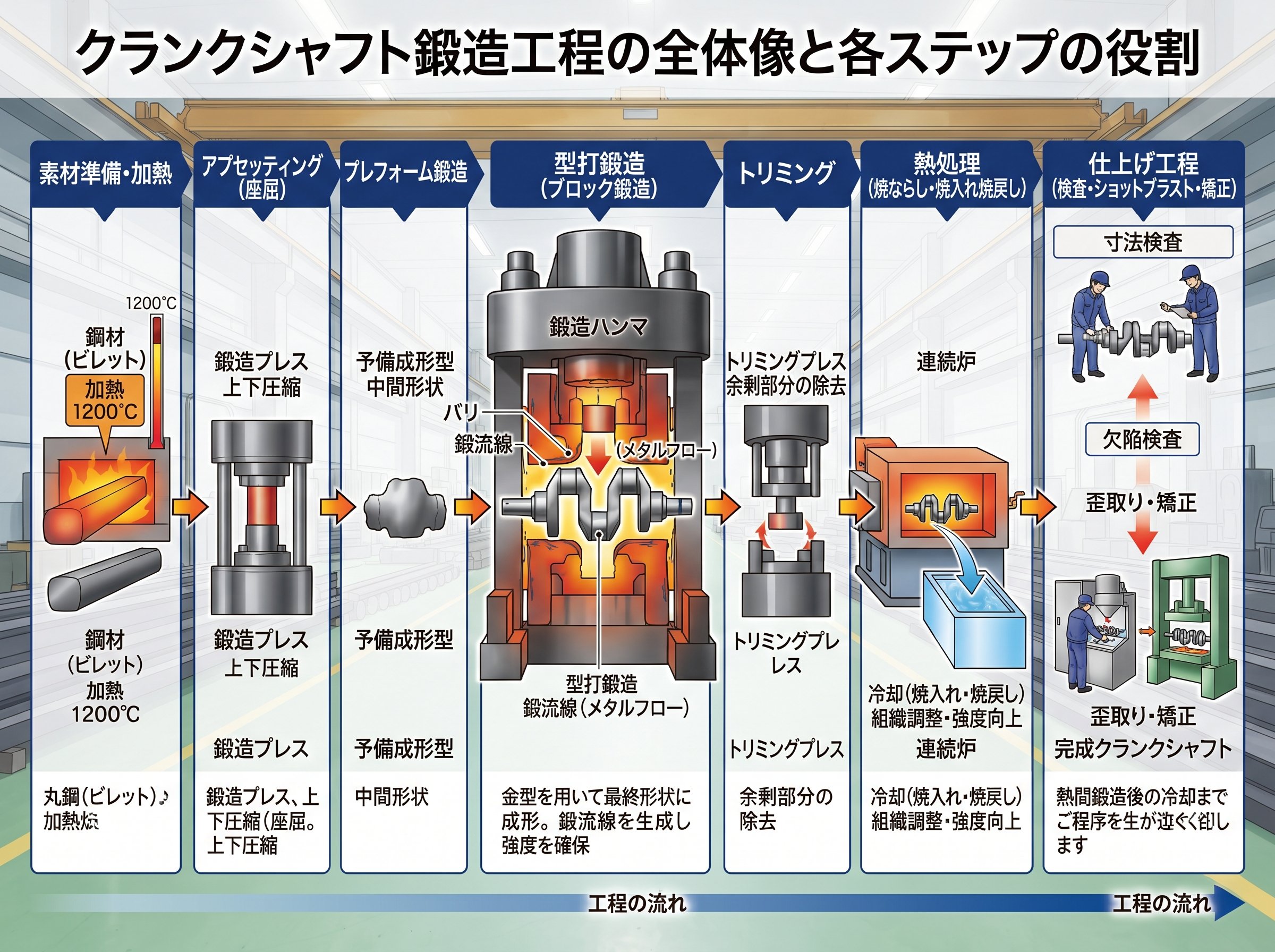 クランクシャフト鍛造工程の全体像と各ステップの役割