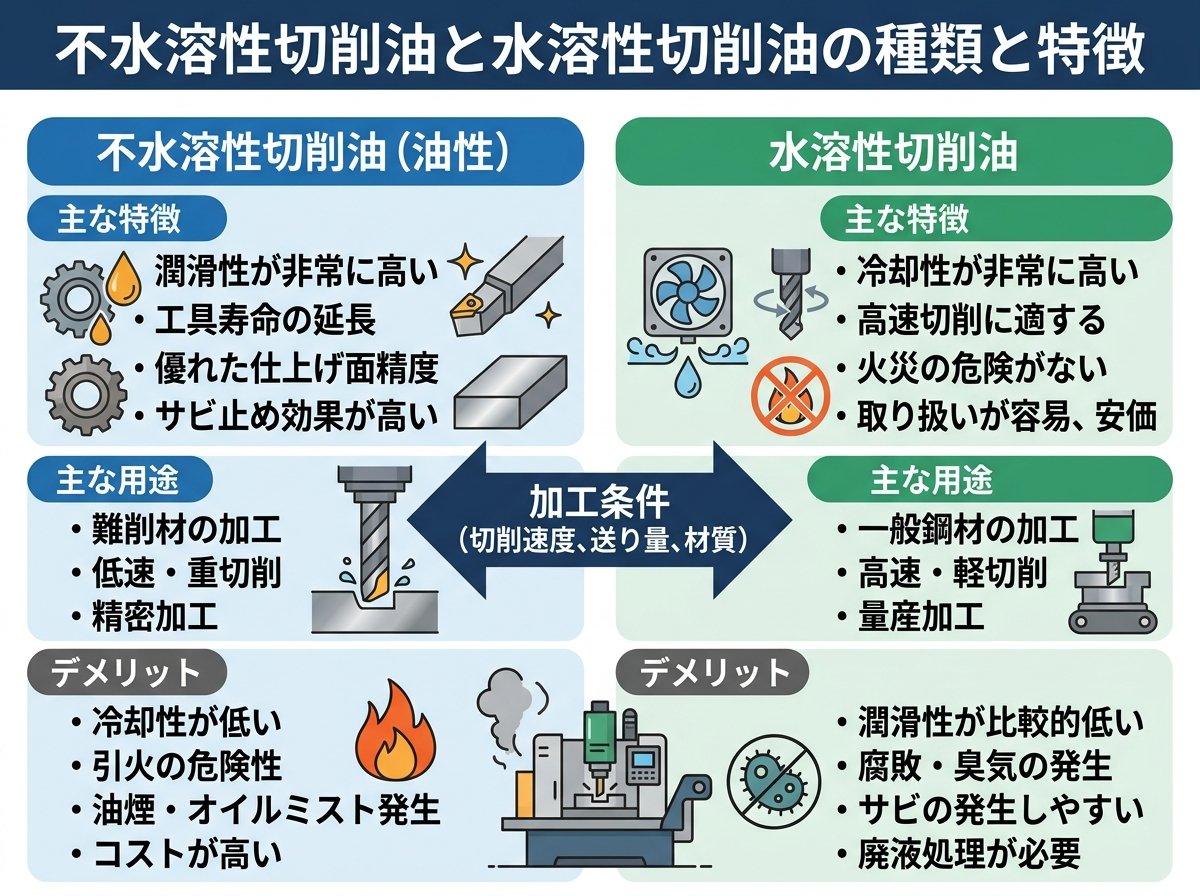 不水溶性切削油と水溶性切削油の種類と特徴