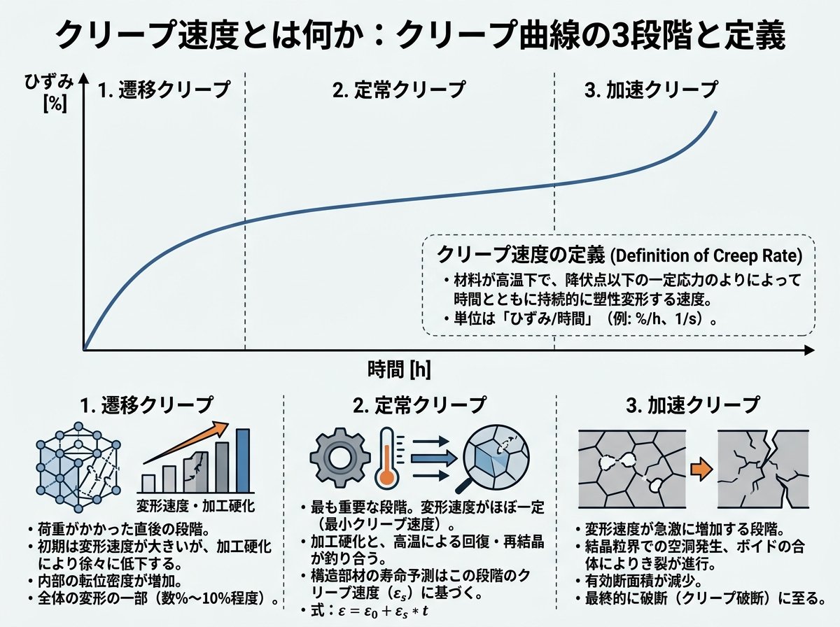 クリープ速度とは何か:クリープ曲線の3段階と定義