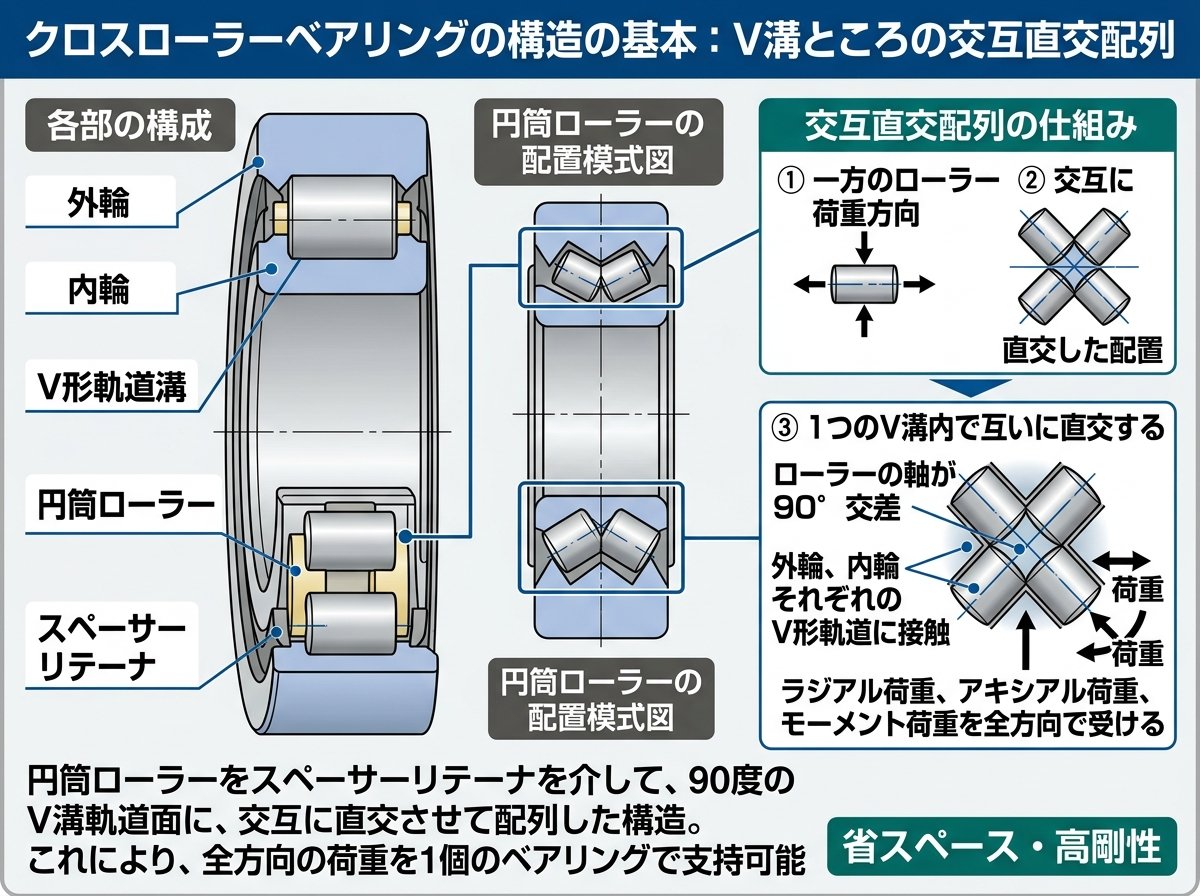 クロスローラーベアリングの構造の基本:V溝ところの交互直交配列とは