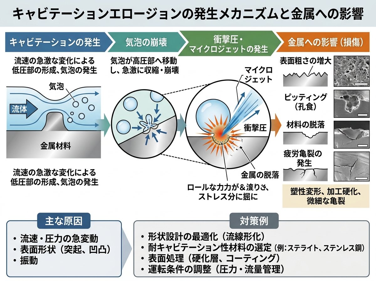 キャビテーションエロージョンの発生メカニズムと金属への影響