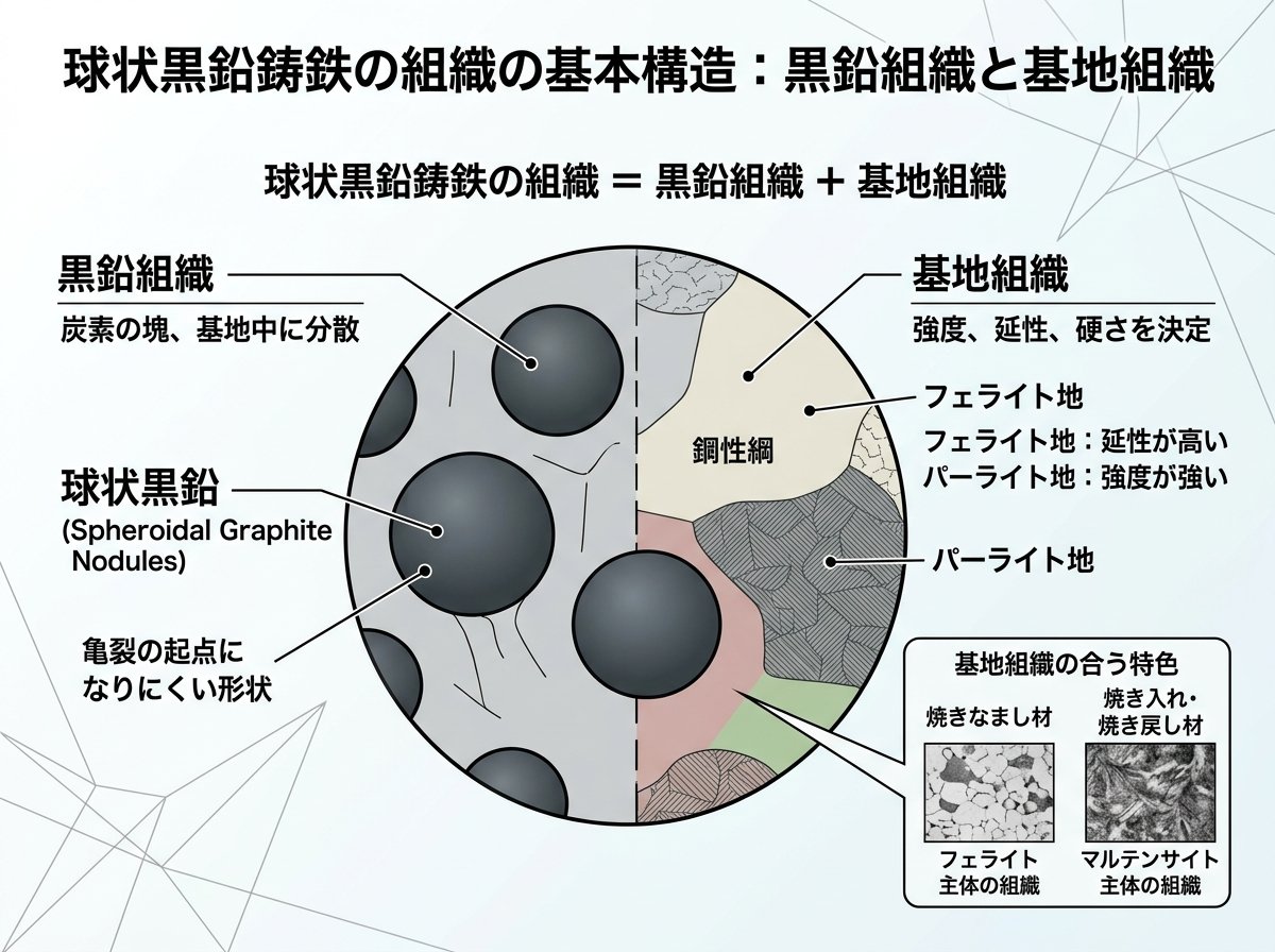 球状黒鉛鋳鉄の組織の基本構造：黒鉛組織と基地組織