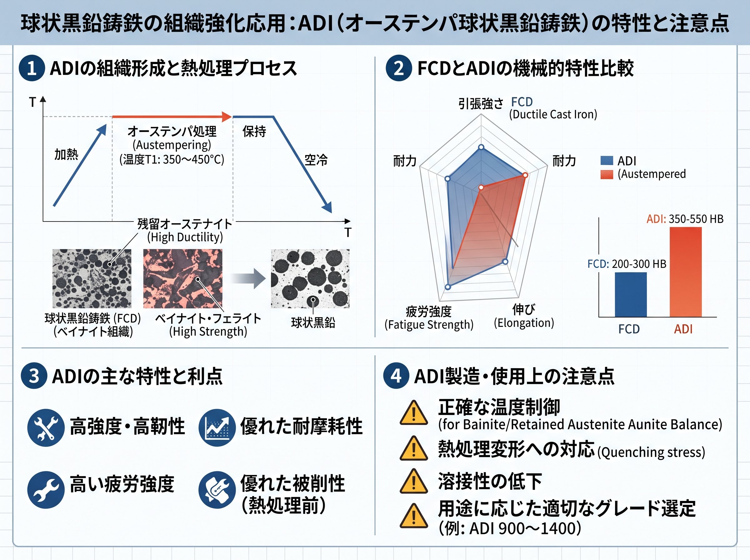 球状黒鉛鋳鉄の組織強化応用：ADI（オーステンパ球状黒鉛鋳鉄）の特性と注意点