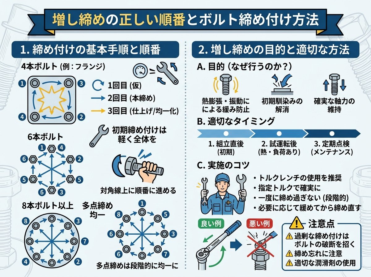 増し締めの正しい順番とボルト締め付け方法