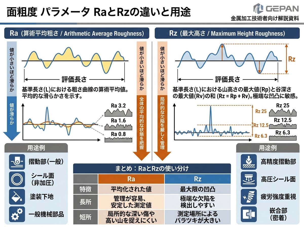 面粗度 パラメータRaとRzの違いと用途