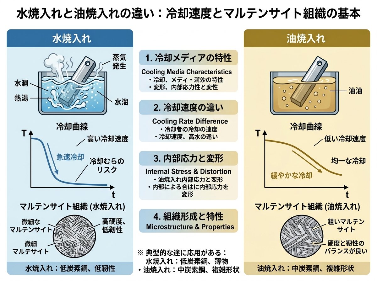 水焼入れと油焼入れの違い:冷却速度とマルテンサイト組織の基本