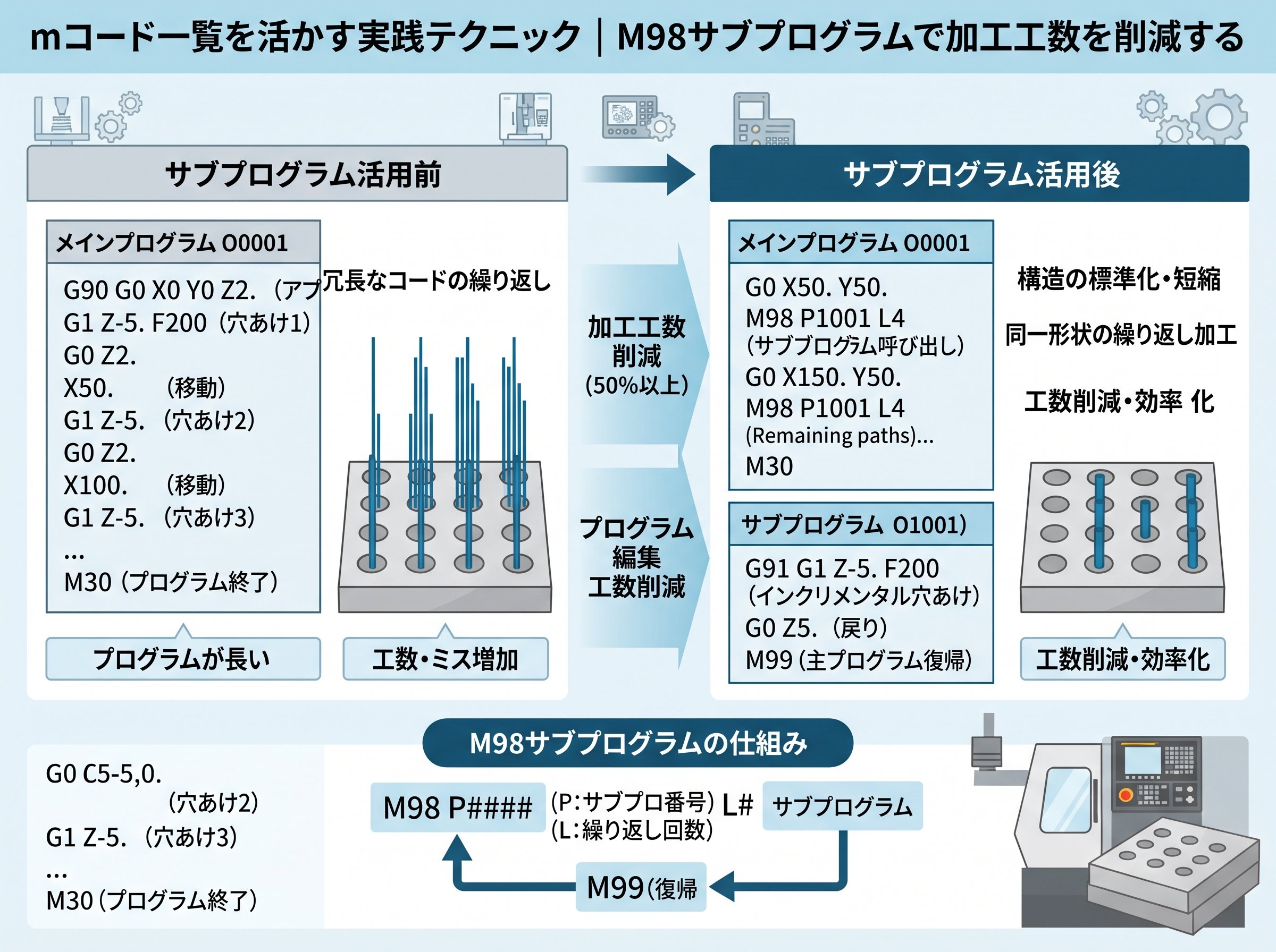 mコード一覧を活かす実践テクニック｜M98サブプログラムで加工工数を削減する