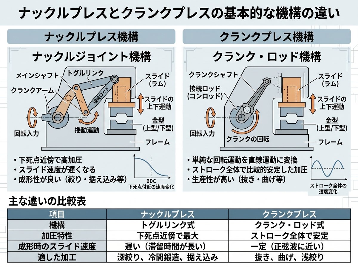 ナックルプレスとクランクプレスの基本的な機構の違い