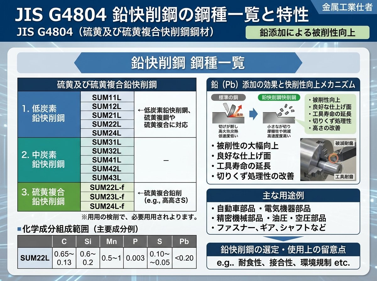 鉛快削鋼のJIS規格(JIS G4804)で定められている鋼種一覧
