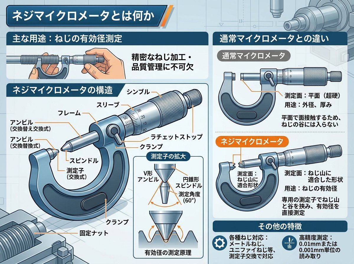 ネジマイクロメータとは何か:構造と通常マイクロメータとの違い