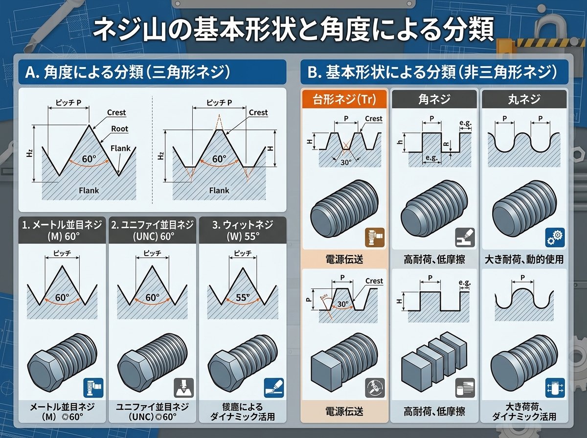 ネジ山の基本形状と角度による分類