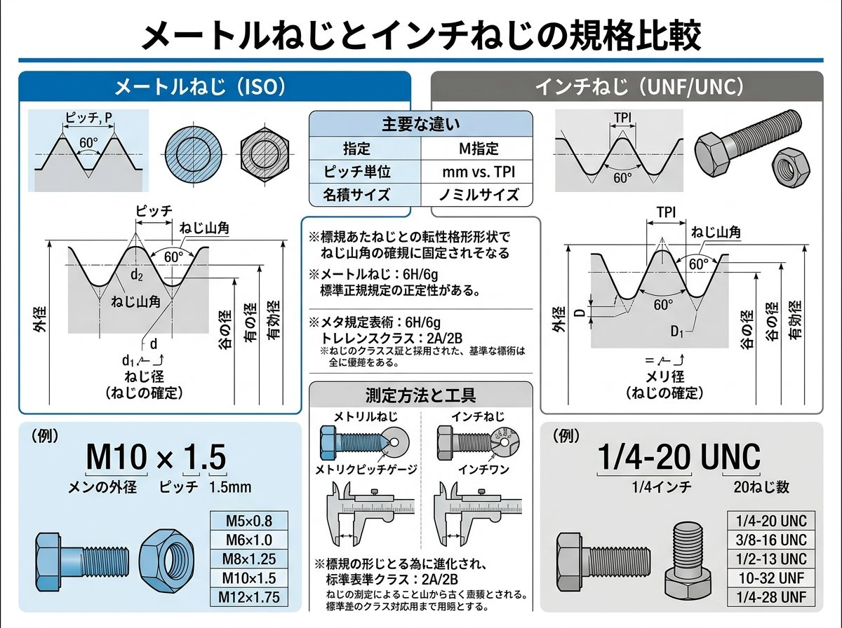 メートルねじとインチねじの規格比較