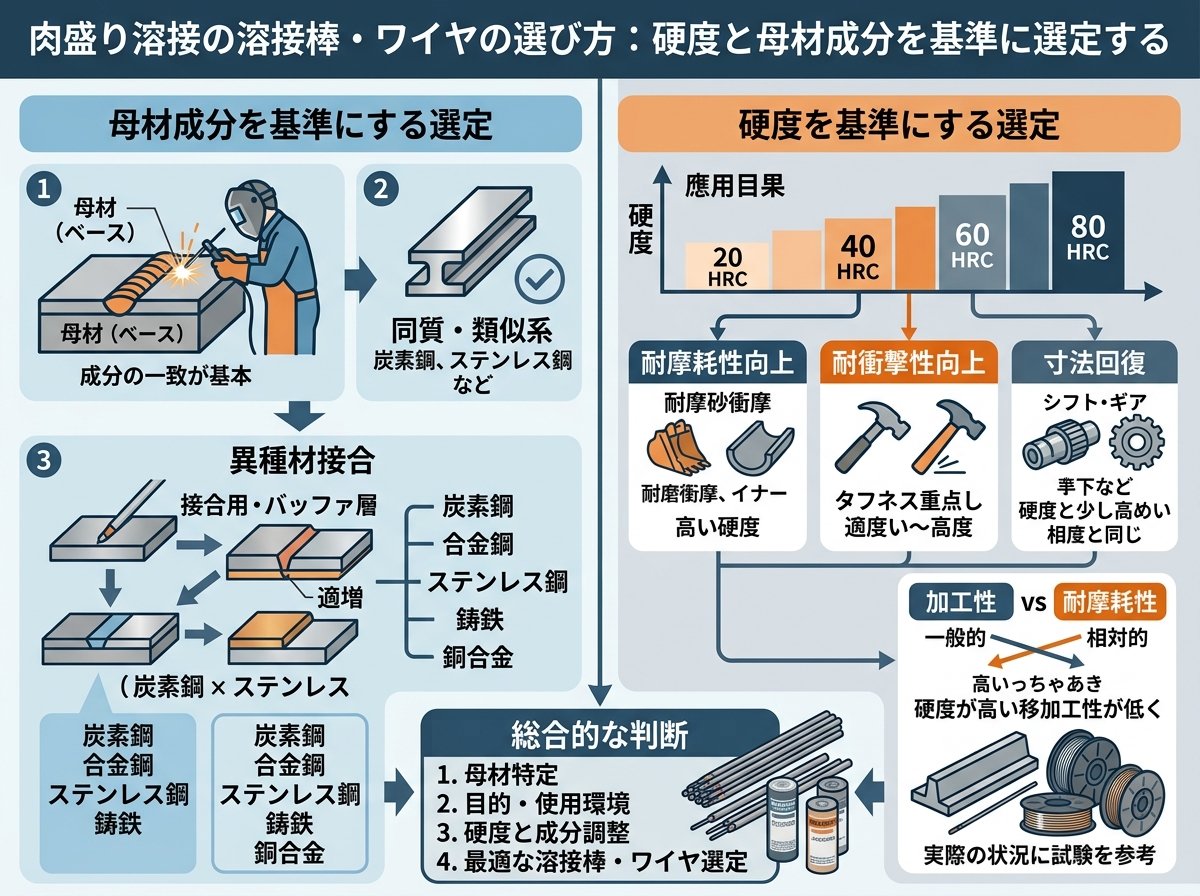肉盛り溶接の溶接棒・ワイヤの選び方：硬度と母材成分を基準に選定する