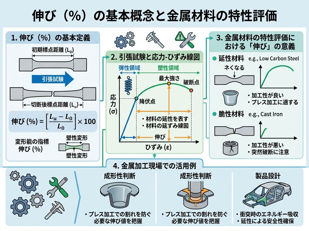 伸び（％）の基本概念と金属材料の特性評価