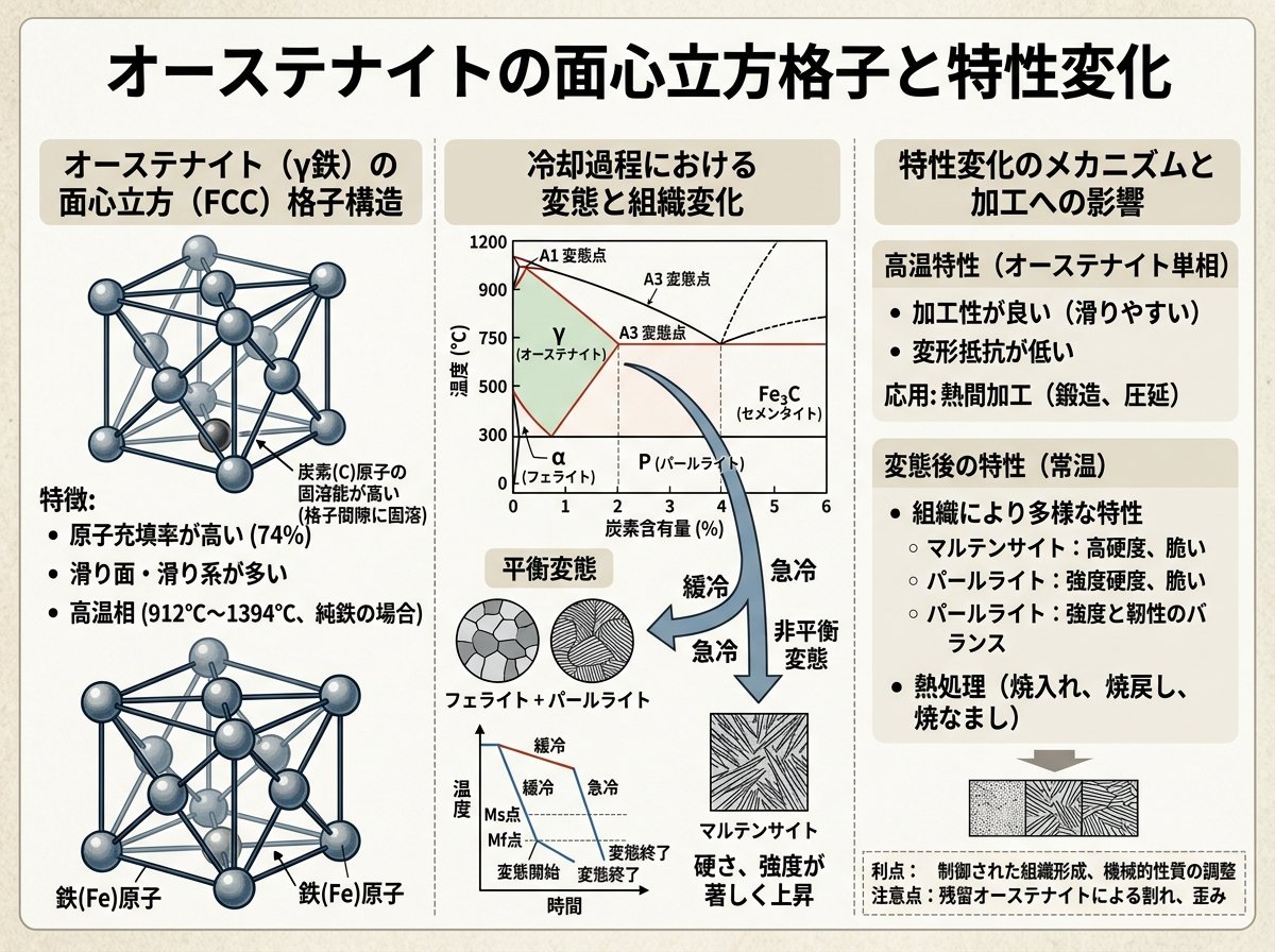 オーステナイトの面心立方格子と特性変化