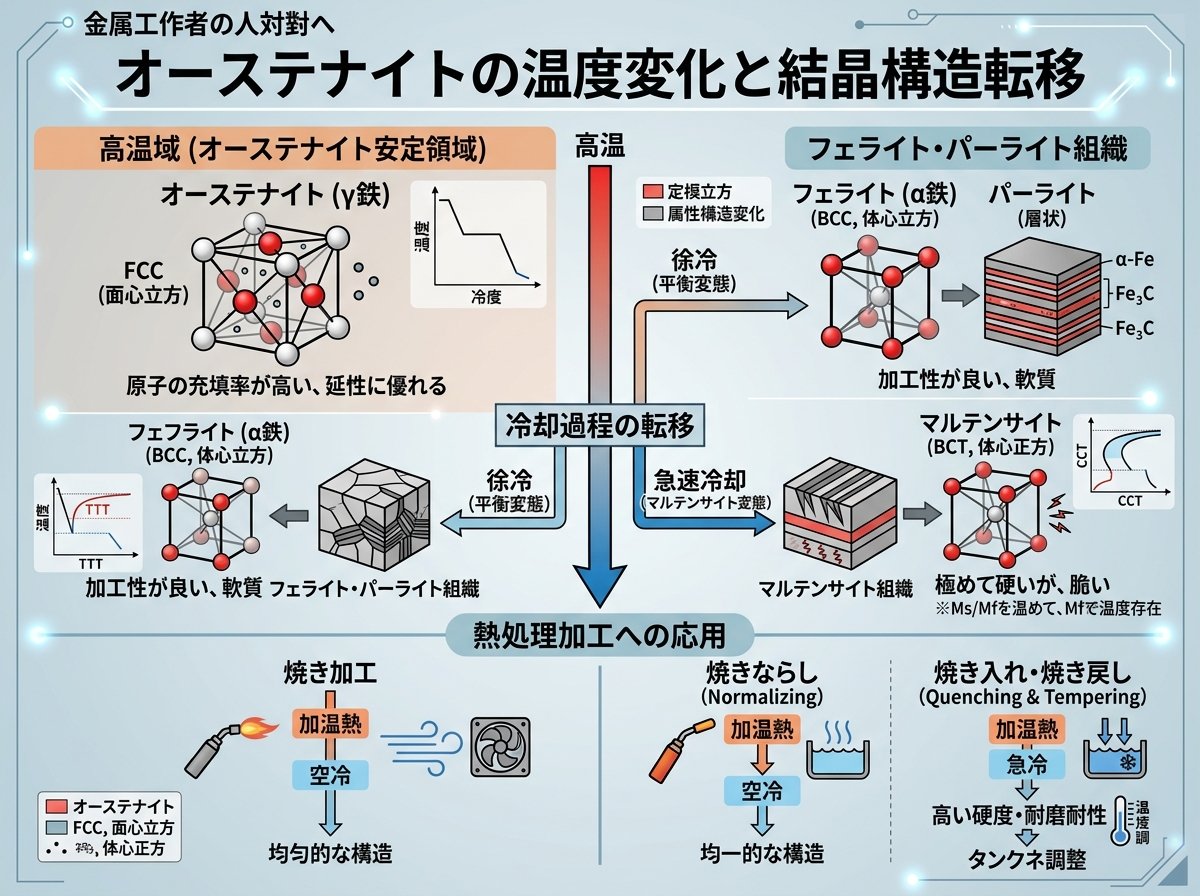 オーステナイトの温度変化と結晶構造転移