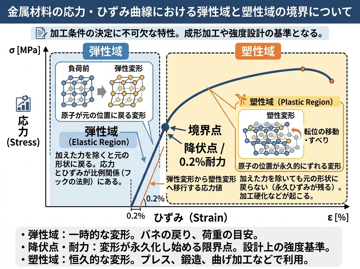 応力・ひずみ曲線における弾性域と塑性域の境界