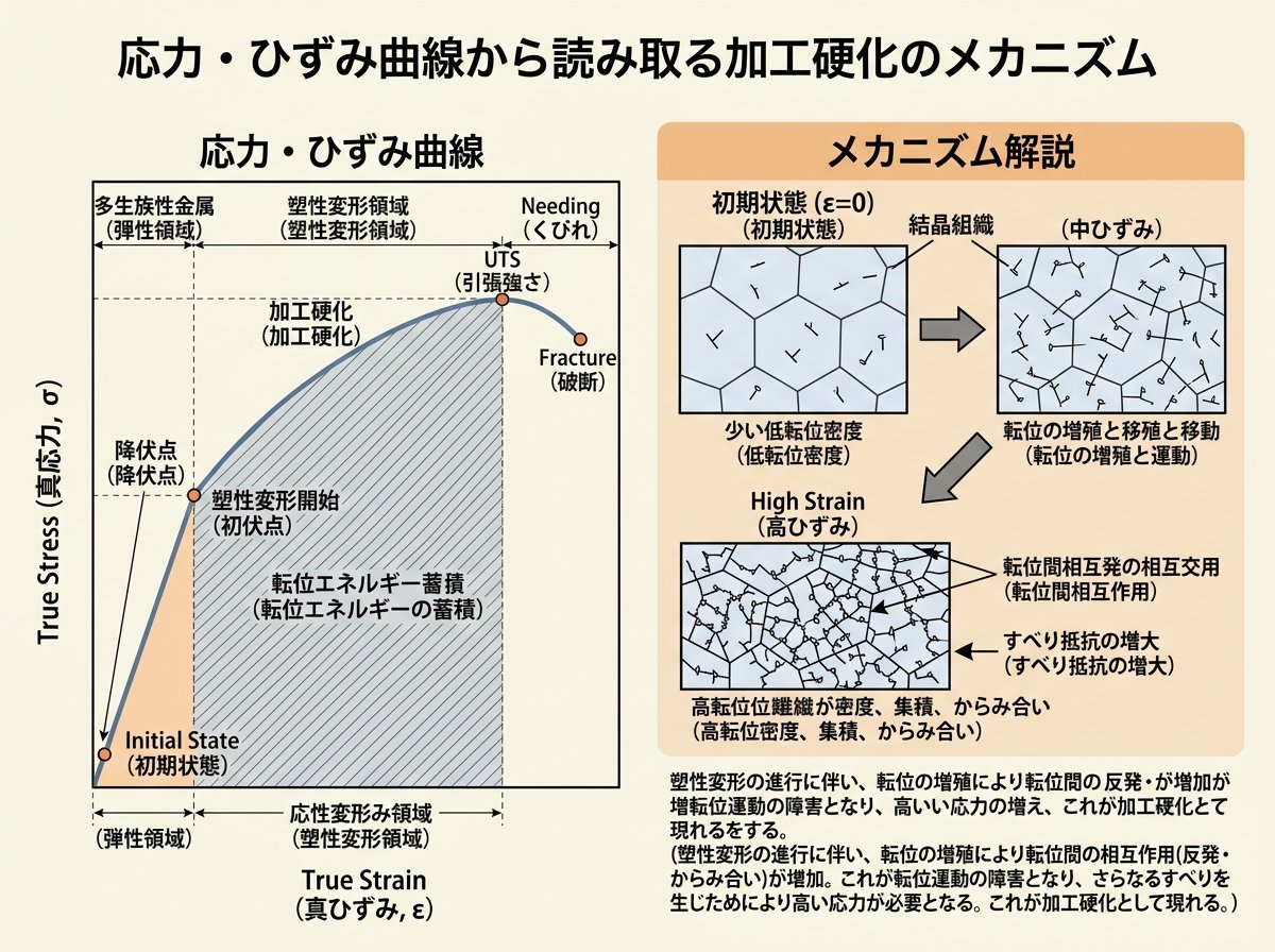 応力・ひずみ曲線から読み取る加工硬化のメカニズム