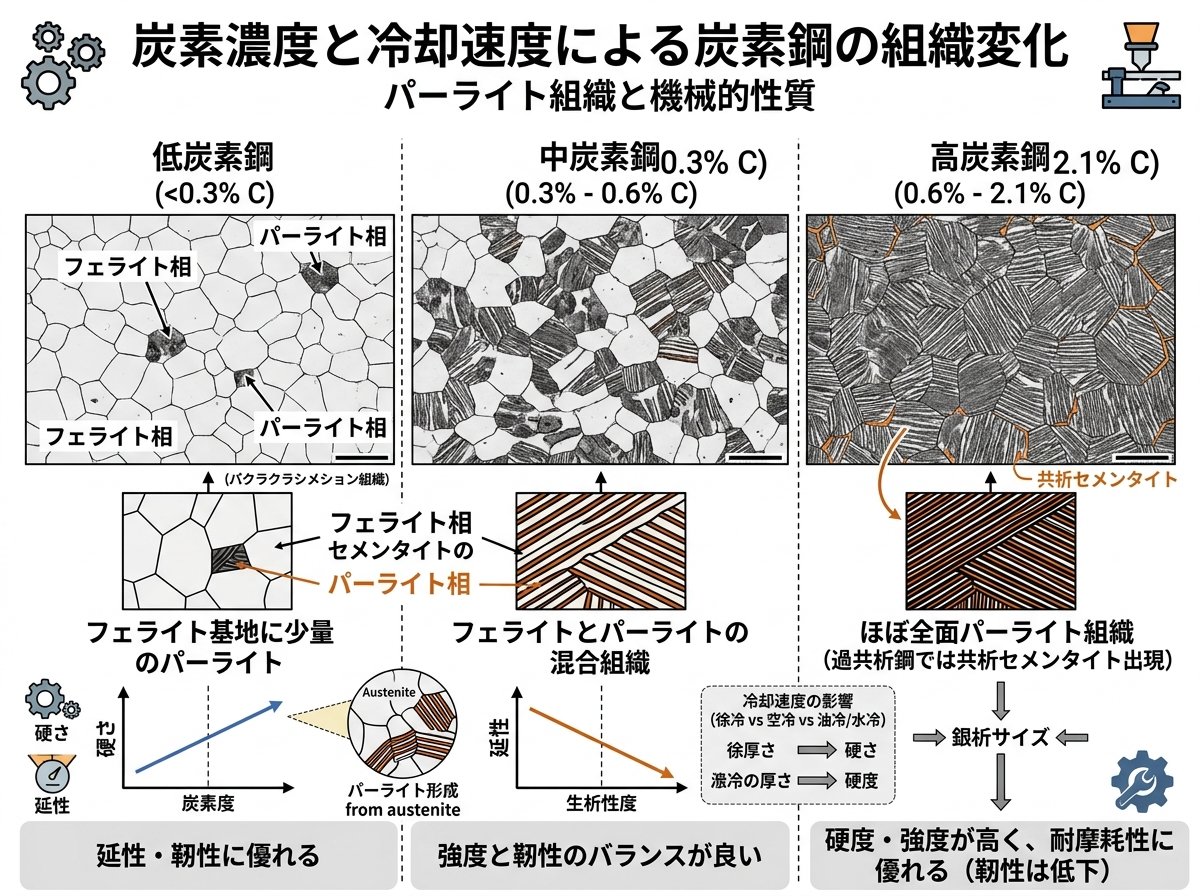パーライトと炭素濃度の影響による組織変化