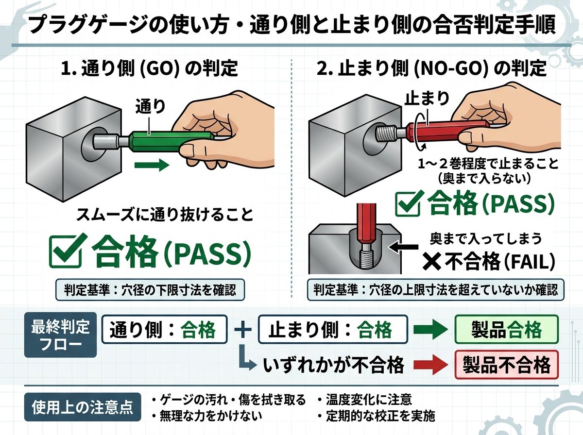 プラグゲージの使い方・通り側と止まり側の合否判定手順
