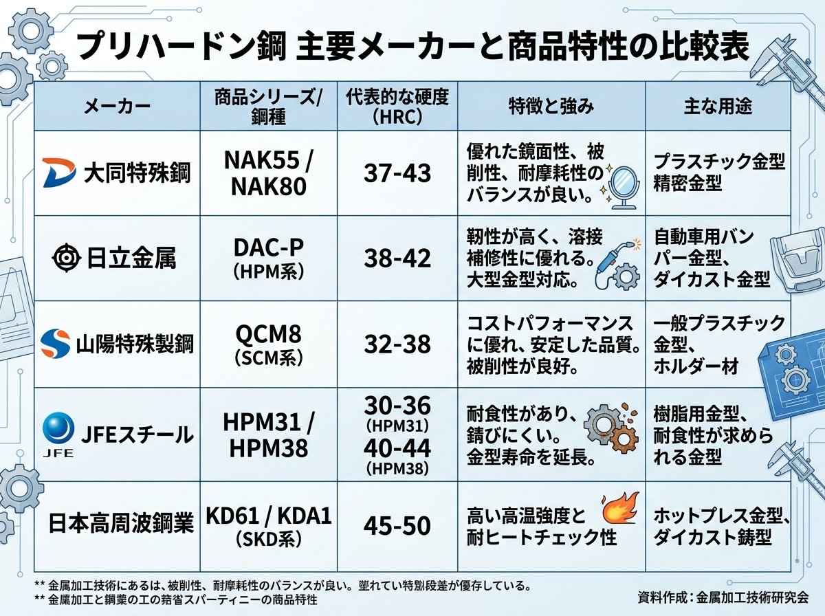 プリハードン鋼の主要メーカーと商品特性の比較表
