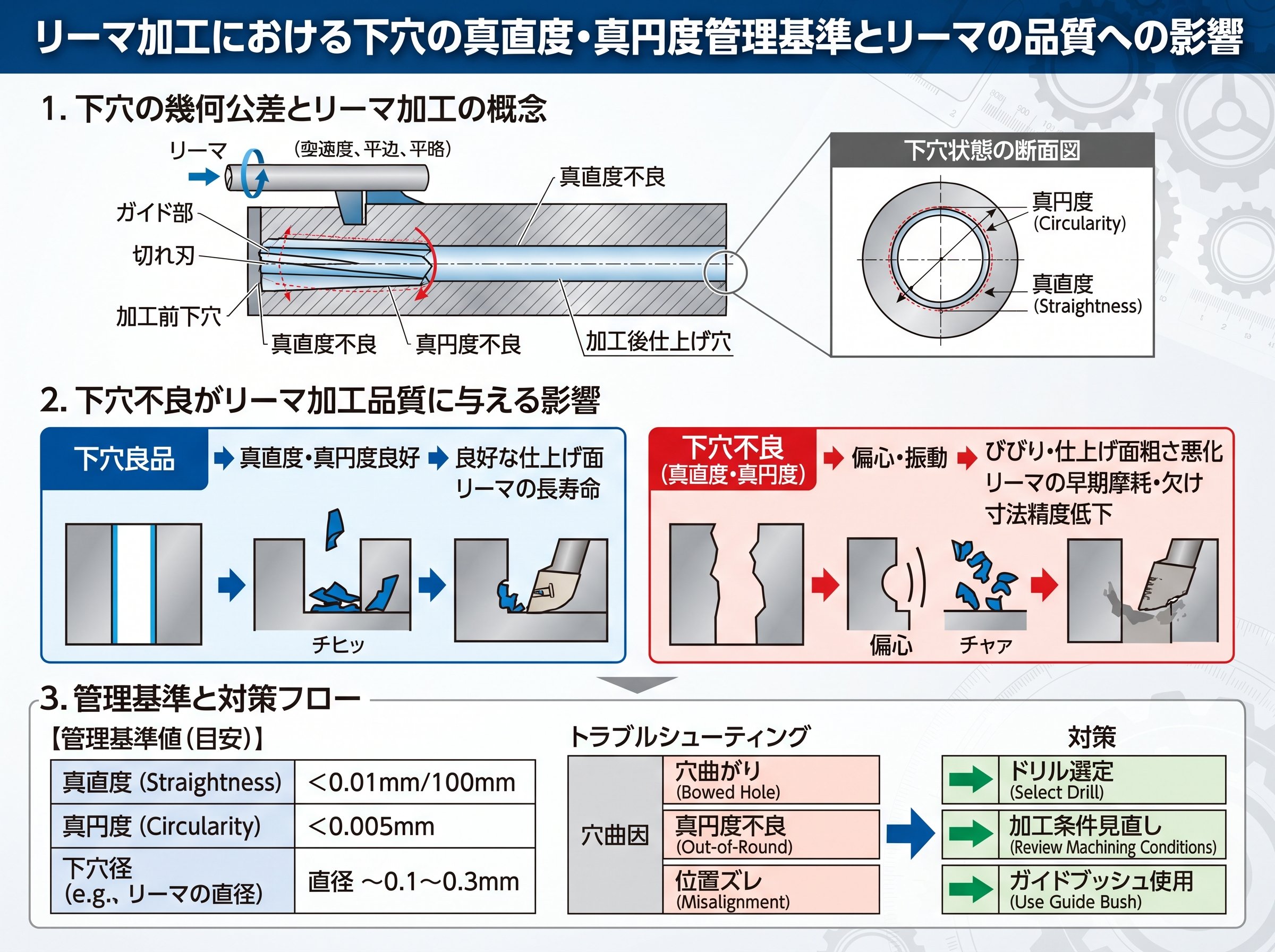 リーマ加工の下穴に求められる真直度・真円度の管理基準