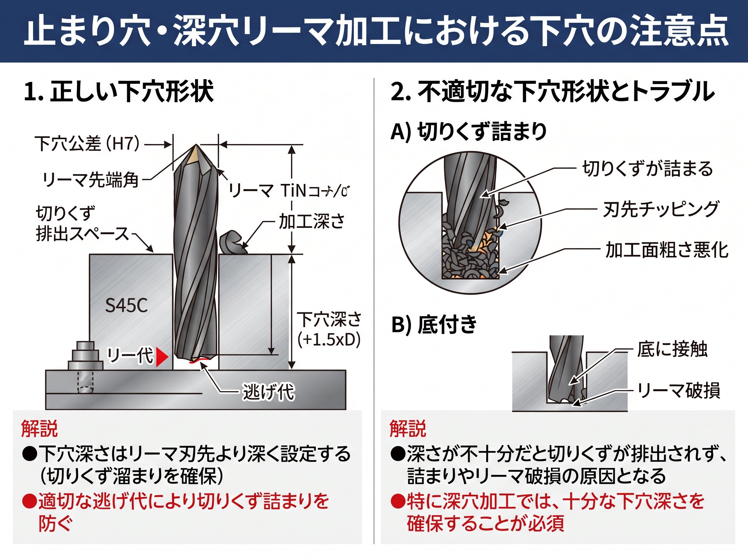 止まり穴・深穴でのリーマ加工における下穴の注意点